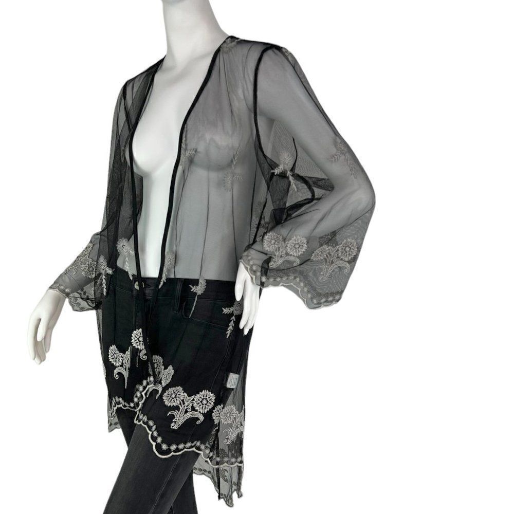 Haute Project Los Angeles Sheer Black Embroidered Open Front Jacket Cover-up, S